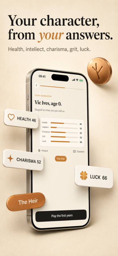 App Store panel: a character sheet built from your answers