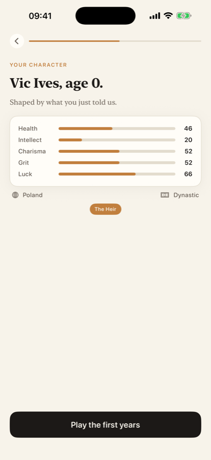 A Fateline character sheet built from the opening questions