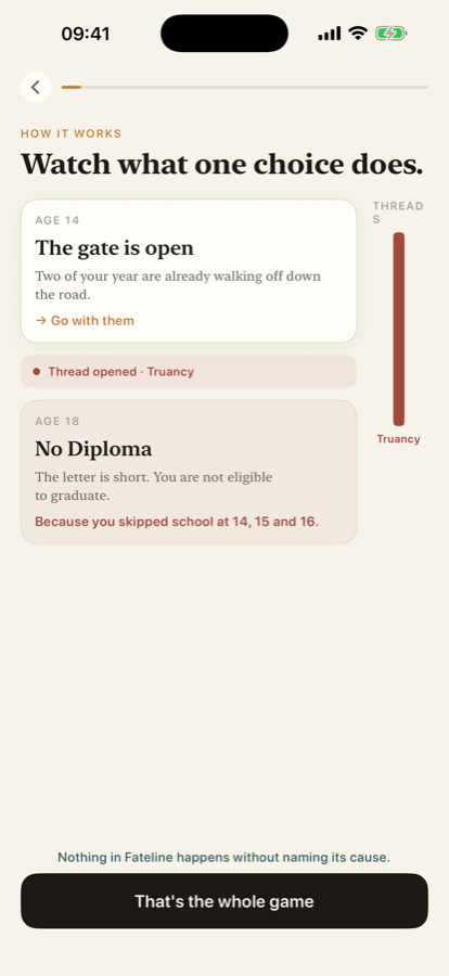 Fateline showing one choice at 14 opening the Truancy thread, and the card it causes at 18