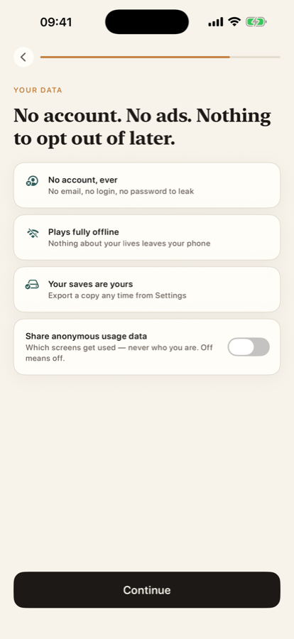 Fateline's promises: no ads, no account, plays offline